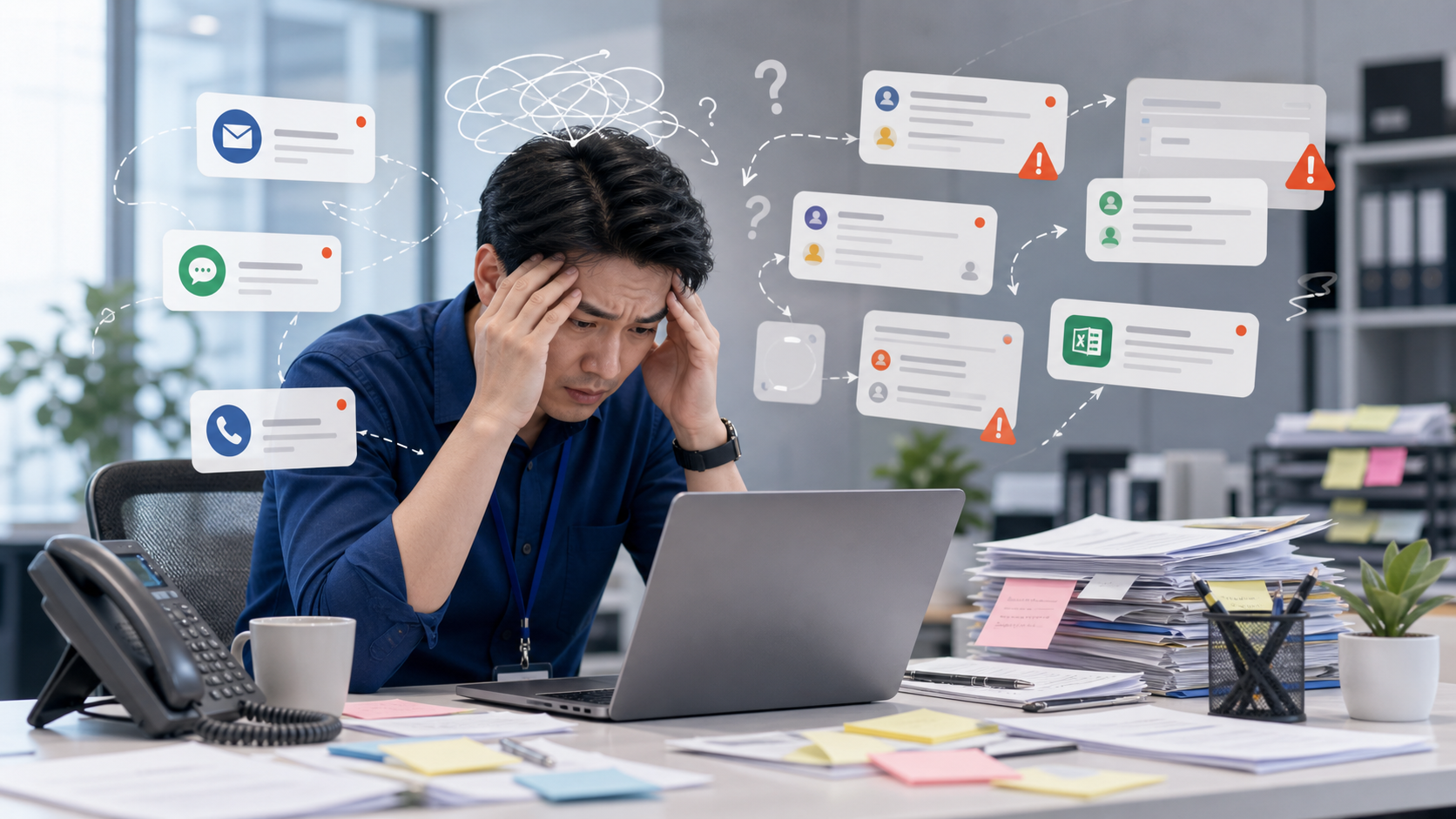ภาพประกอบเจ้าหน้าที่ Helpdesk เครียดกับงานกระจัดกระจายและการตามงานหลายช่องทาง
