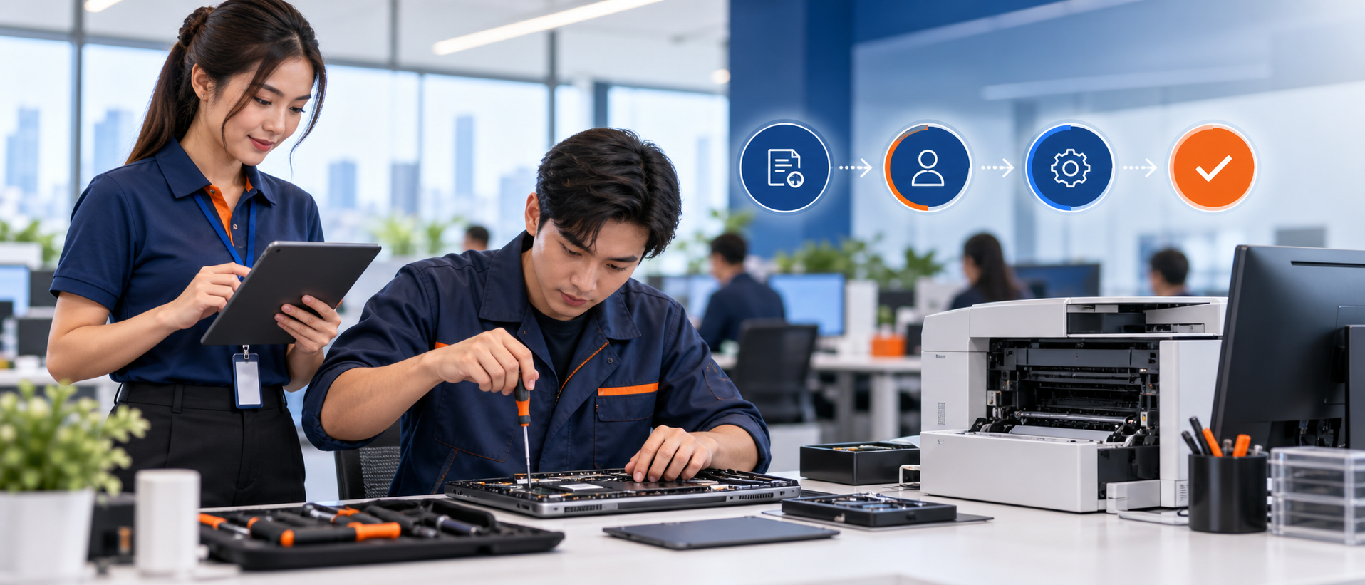ภาพประกอบ Workflow ระบบแจ้งซ่อมออนไลน์ ตั้งแต่รับเรื่องจนปิดงาน