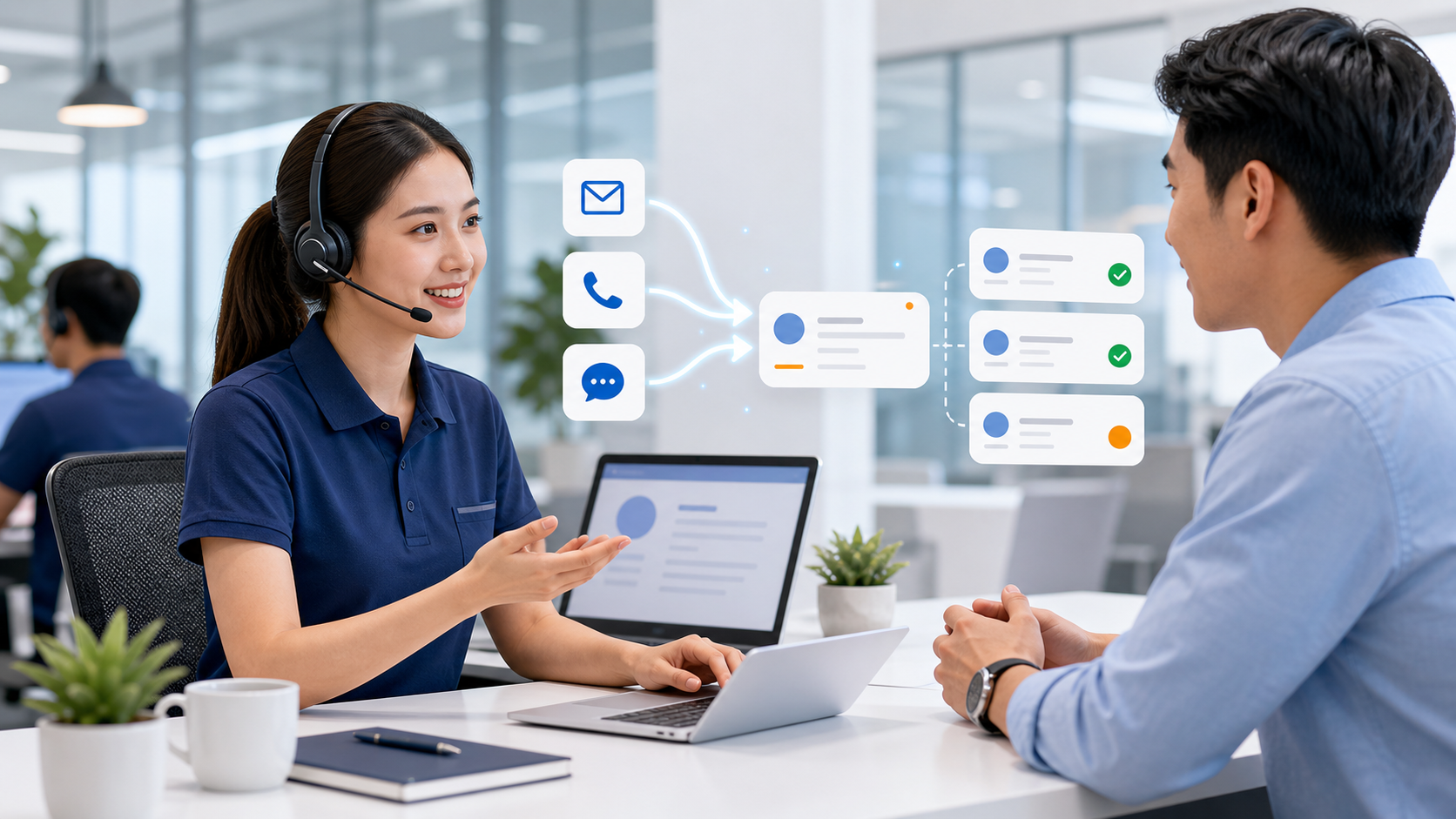 ภาพประกอบเจ้าหน้าที่ Helpdesk ช่วยรับเรื่องและจัดการคำขอเป็น Ticket ที่ติดตามผลได้